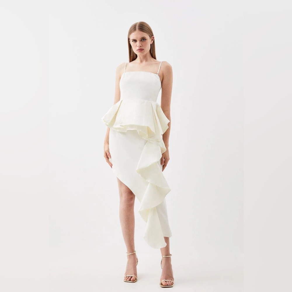 Taffeta Double Ruffle Detail Tailored Midi Dress
